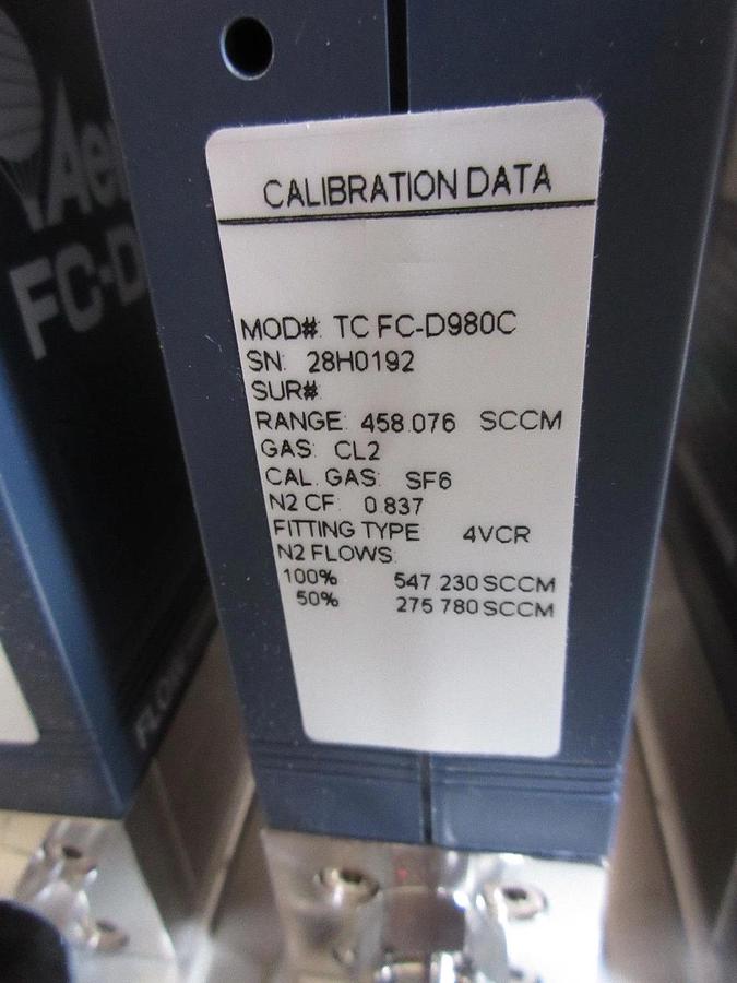 Used Aera TC FC-D980C Mass Flow Controller Cl2 458.076 SCCM w/ CA-98D9-Z Adapter Used