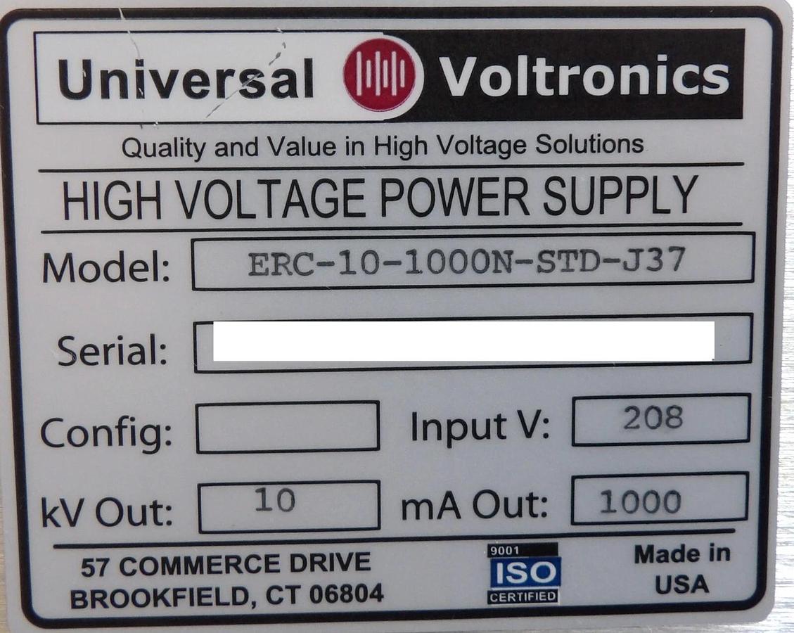 Used Universal Voltronics ERC-10-1000N-STD-J37 High Voltage Power Supply Working