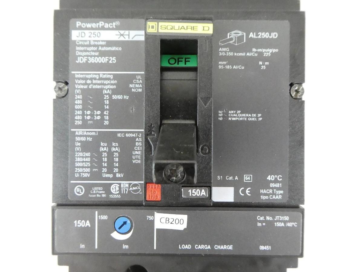 Used Square D JDF36000F25 Circuit Breaker PowerPact JD 250 CB200 Lot of 2 Working