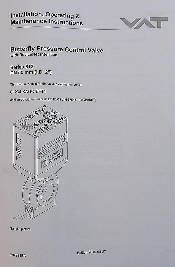 VAT 61234-KEGQ-BFT1 Butterfly Valve Control System Series 612 New