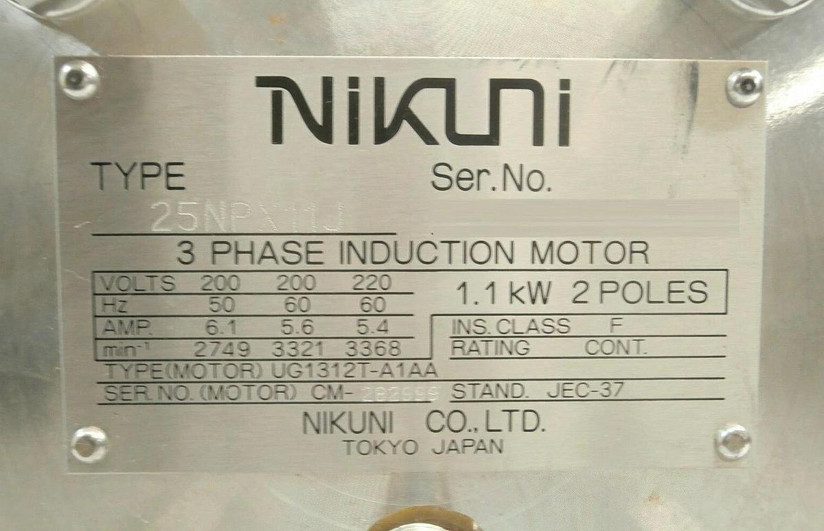 Used Nikuni 25NPX11J Centrifugal Pump UG1312T-A1AA 3-Phase Induction Motor Working