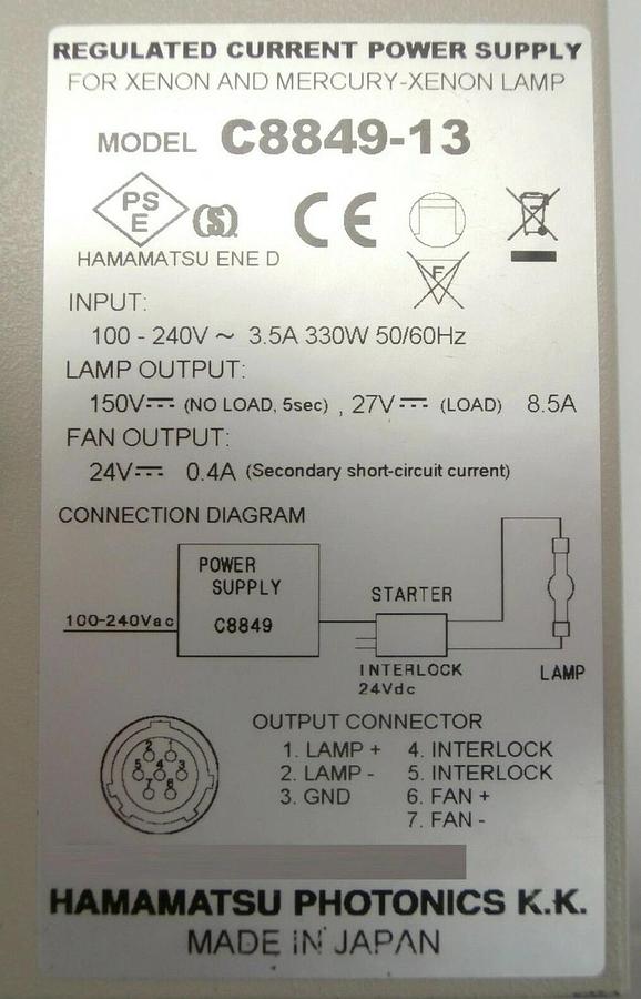Used Hamamatsu Photonics C8849-13 Power Supply for Zenon and Mercury-Zenon Lamp Spare