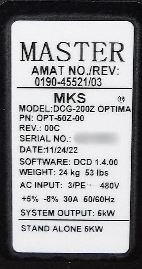 Used DCG-200Z Optima MKS Instruments OPT-50Z-00 DC Plasma Generator MASTER Working