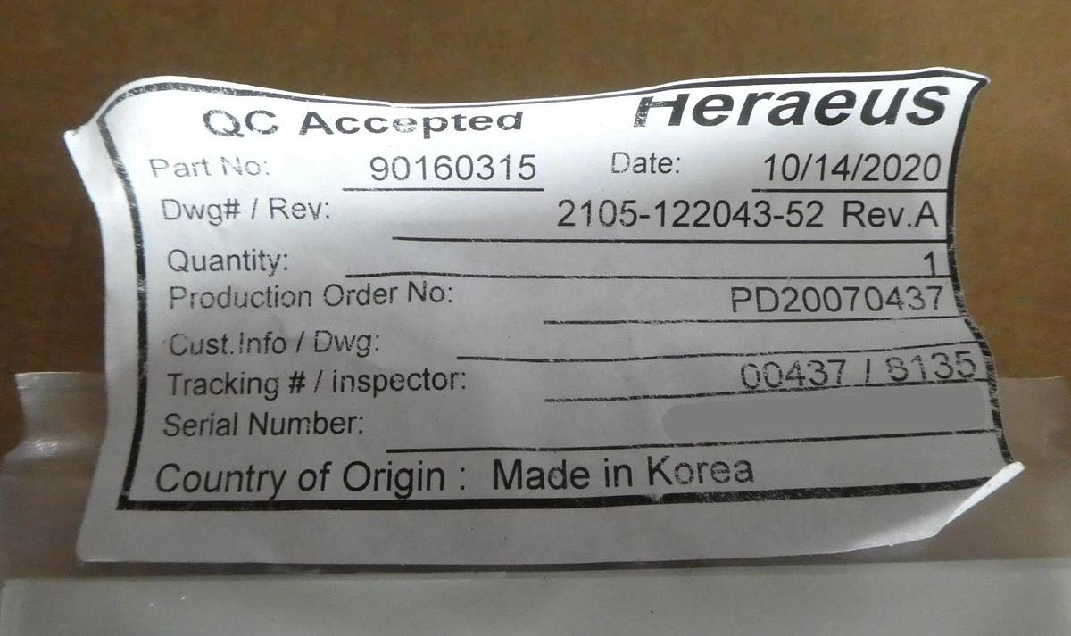 Heraeus 90160315 Quartz Process Tube 2105-122043-52 New Surplus