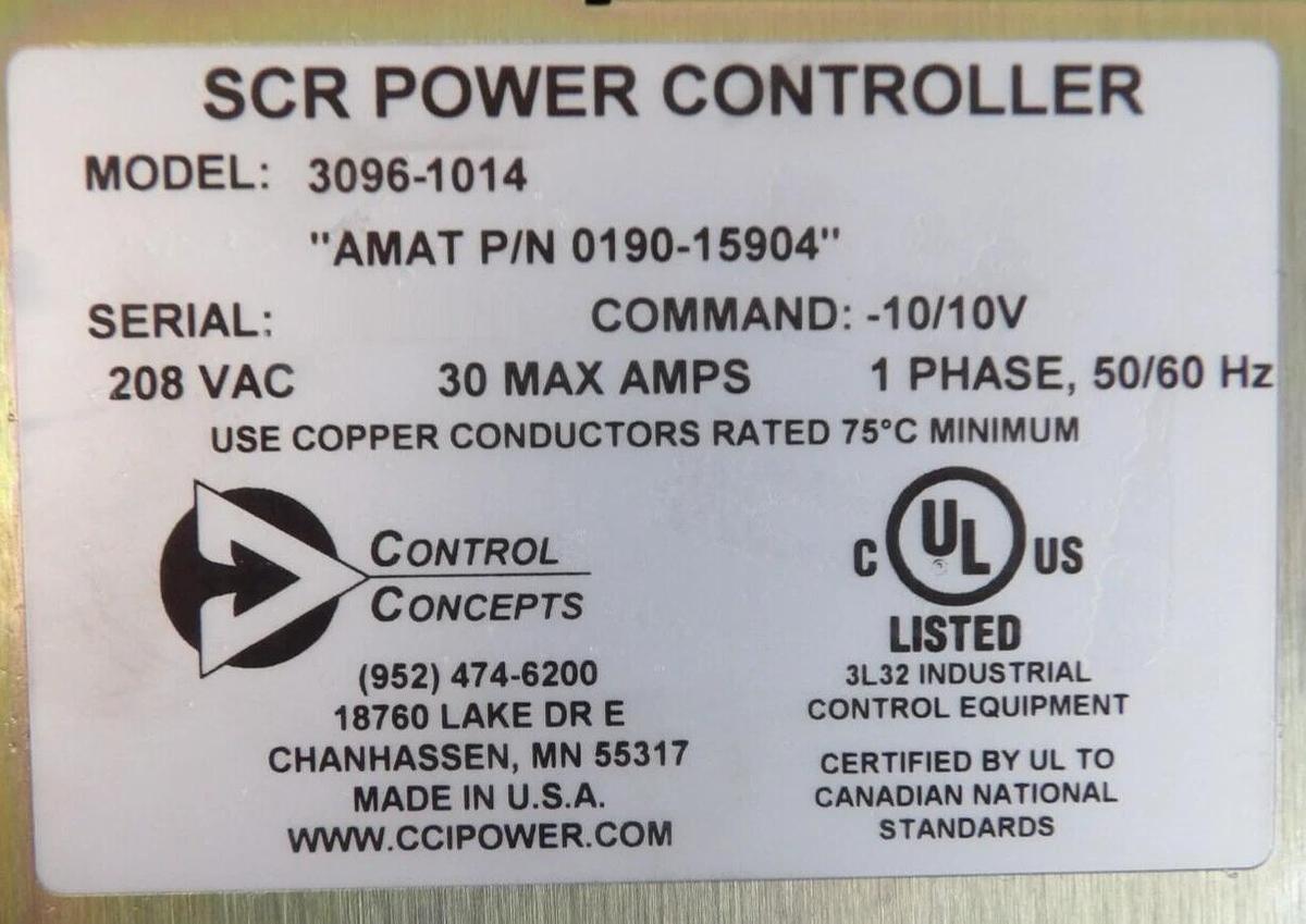 Used Control Concepts 3096-1014 SCR Power Controller AMAT 0190-15904 Working Surplus