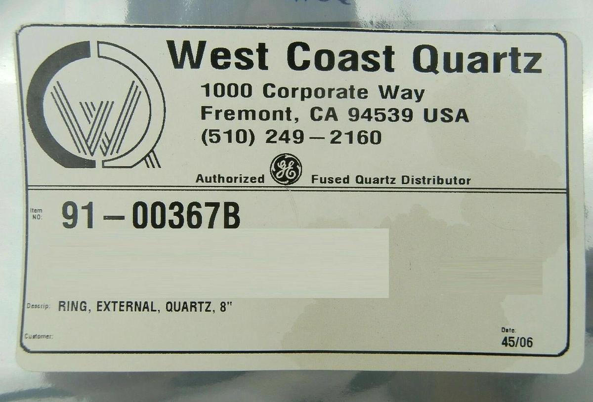 West Coast Quartz 91-00367B 200mm Quartz External 8" Ring AMAT New Surplus