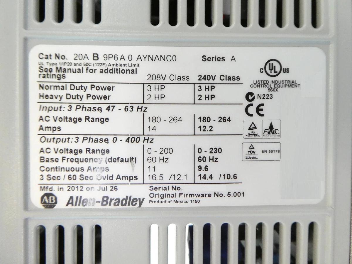 Used AB Allen-Bradley 20AB9P6A0AYNANC0 AC Drive PowerFlex 70 AMAT 0190-43109 Surplus