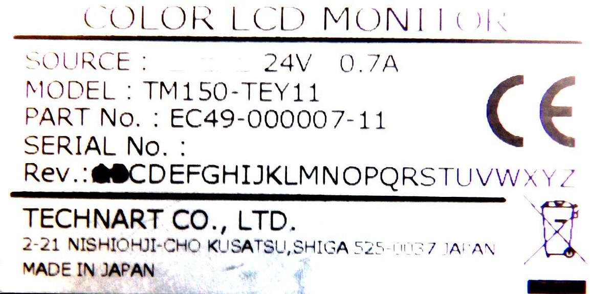Used Technart EC49-000007-11 15" Color LCD Monitor Module TM150-TEY11 Working Spare
