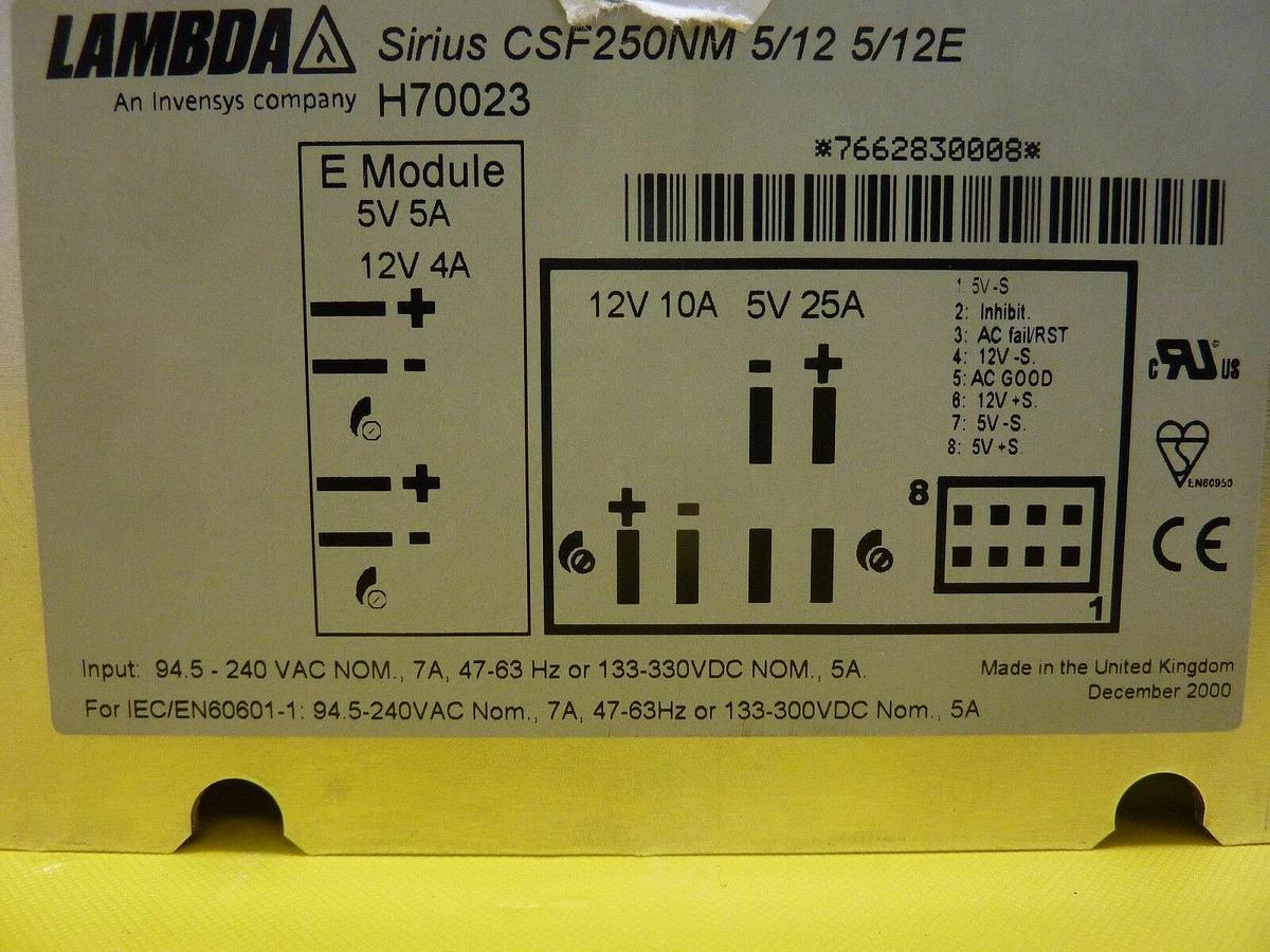 Used Lambda CSF250NM 5/12 5/12E Power Supply Sirius H70023 Working Surplus