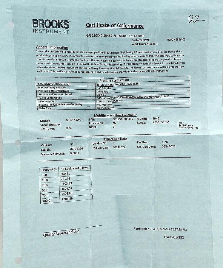 Brooks Instrument GF125C-205385 Mass Flow Controller MFC 6000 SCCM Ar New Spare