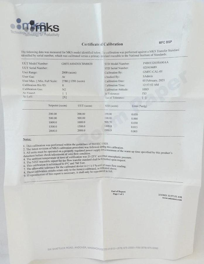 MKS Instruments GM51A004203CBM0020 Mass Flow Controller MFC 2000 SCCM Ar New