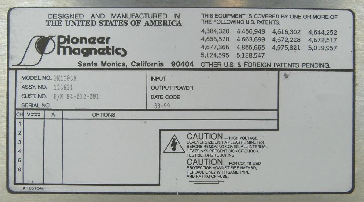 Used Pioneer Magnetics 123621 Power Supply PM1203A 84-012-001 Used Working