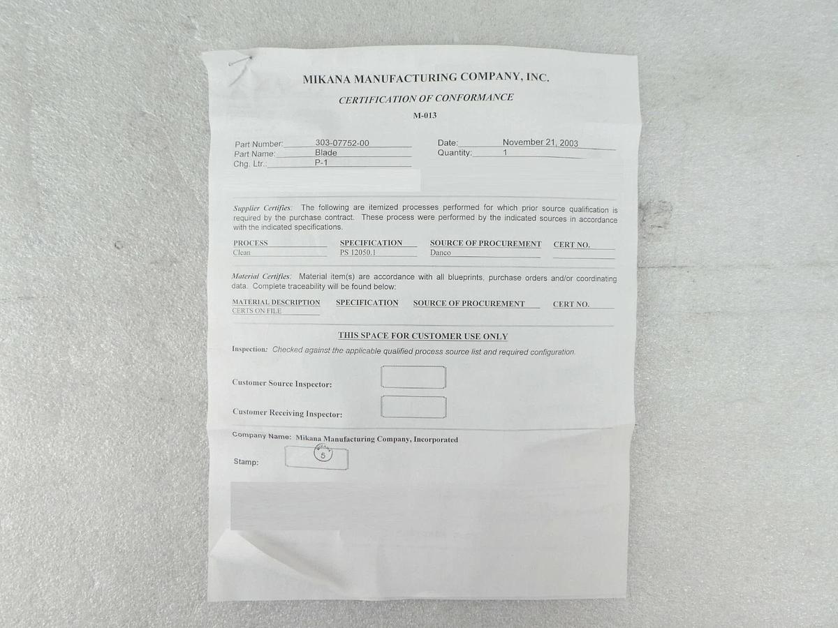 Mattson Technology 303-07752-00 Sealing Blade New Surplus