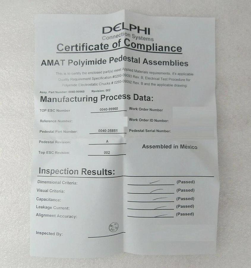 Refurbished AMAT Applied Materials 0040-99960 ESC Polyimide Pedestal 0040-35851 Refurbished