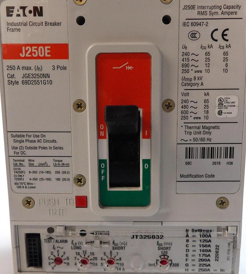 Used Eaton JGE3250NN 3 Pole Circuit Breaker J250E JT325032 Working Surplus