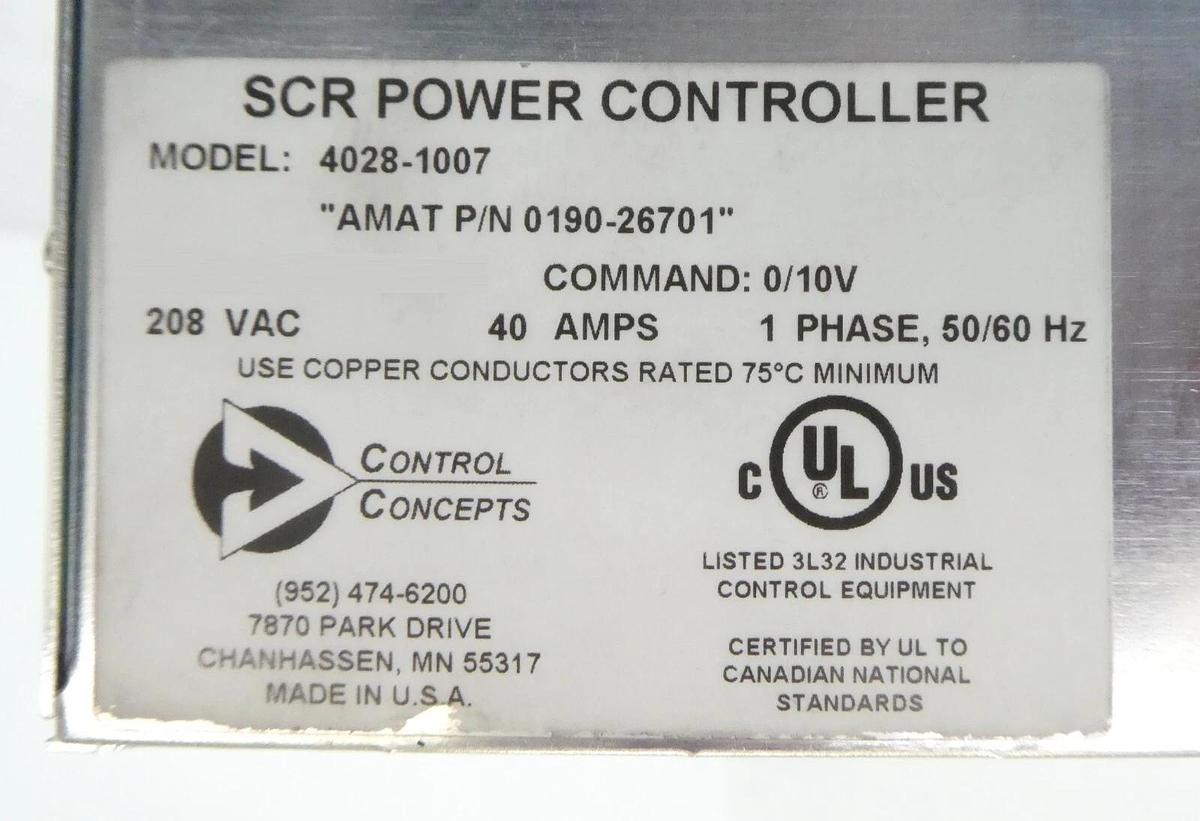 Used Control Concepts 4028-1007 SCR Power Controller AMAT 0190-26701 Working Surplus