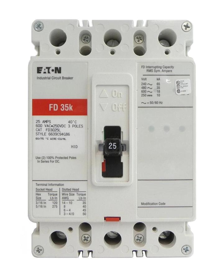 Eaton 6639C94G86 Industrial Circuit Breaker FD3025L FD 35k New Surplus