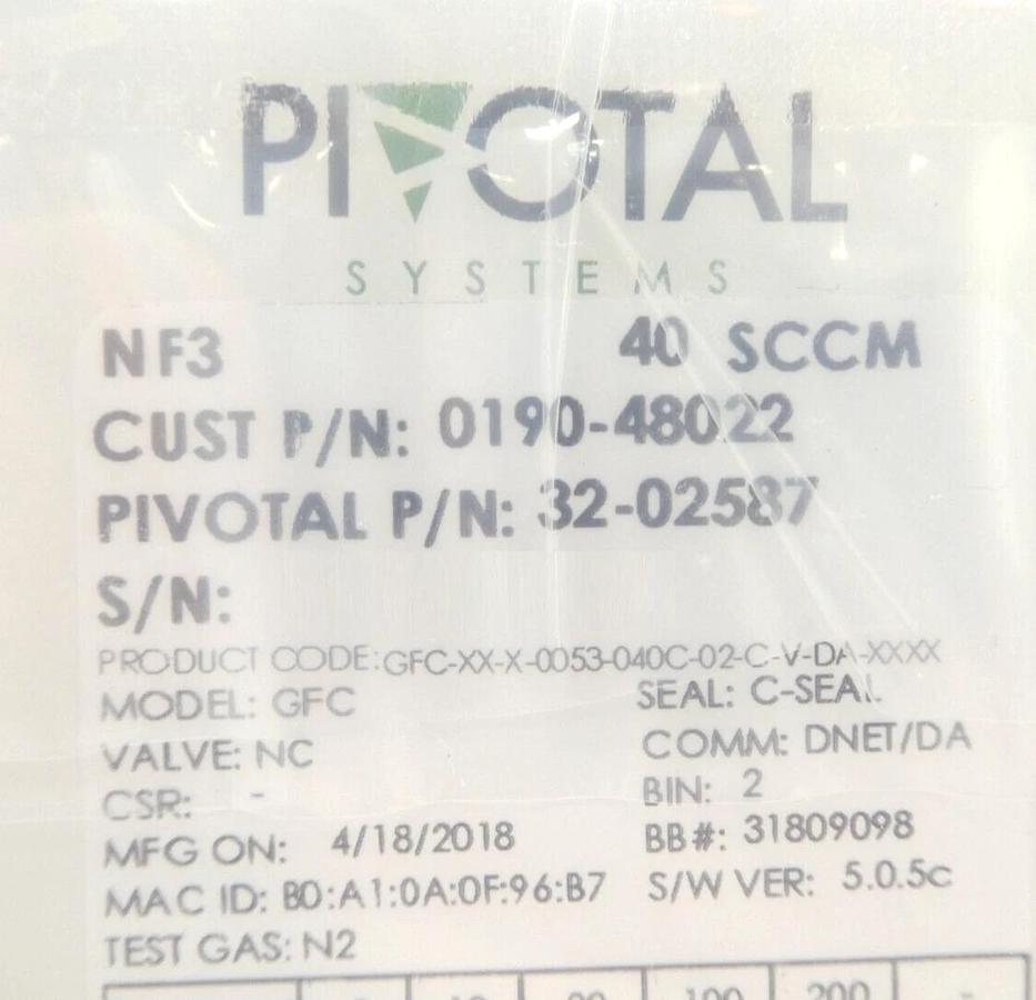 Pivotal 32-02587 Mass Flow Controller MFC 40 SCCM NF3 0190-48022 Lot of 3 New