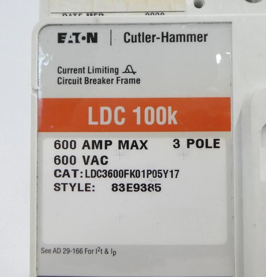 Used Eaton 83E9385 LDC 100k 600V 3-Pole Circuit Breaker LDC3600FK01P05Y17 Working