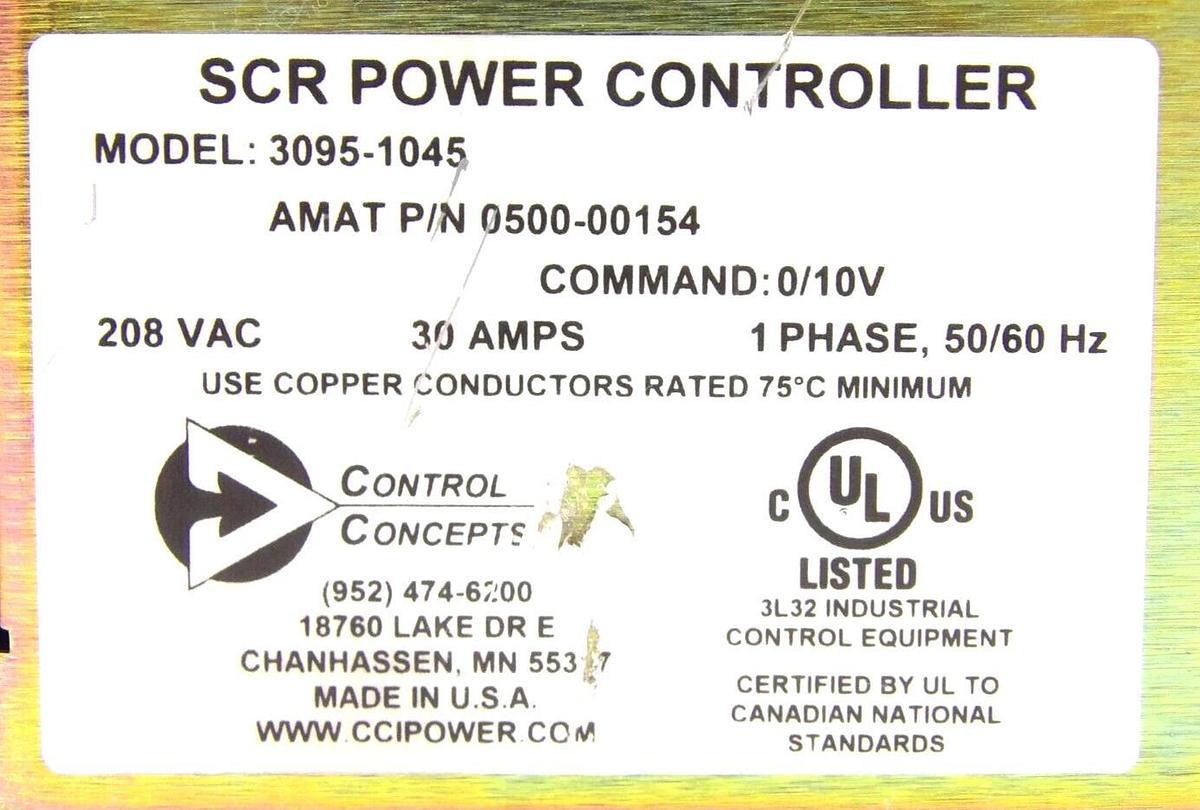 Used Control Concepts 3095-1045 SCR Power Controller AMAT 0500-00154 Working Surplus
