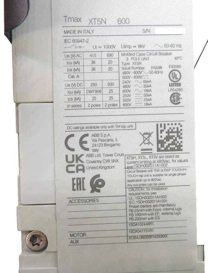 Used ABB XT5N 600 Industrial 3-Pole Circuit Breaker SACE Tmax Working Surplus
