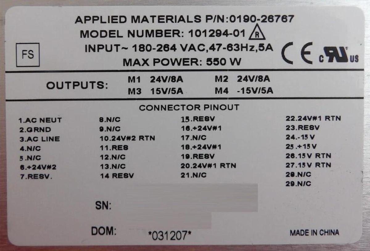 Used XP Power 101294-01 Rack Mount Power Supply AMAT 0190-26767 Working Surplus