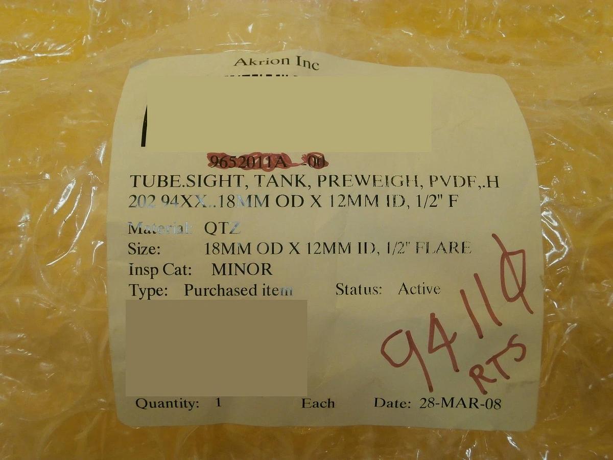 Akrion 9652001A-00 Quartz Tank Sight Tube PVDF 94110 SCP 9400 New Surplus