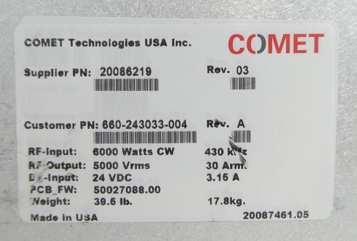 Used Comet Technologies 20086219 RF Match Lam Research 660-243033-004 Untested As-Is