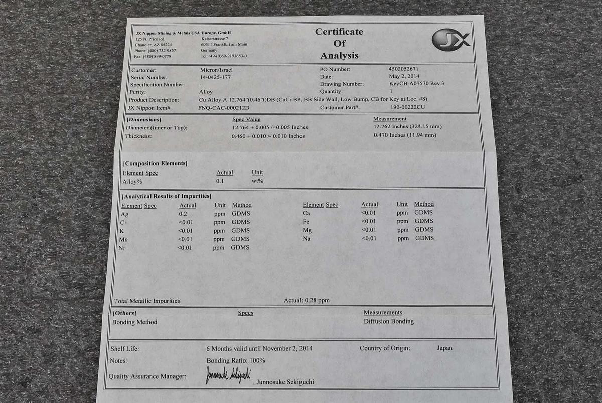 Used Applied Materials FNQ-CAC-000212D CU TARGET, ALLOY A LOW BUMP 12.764" X 0.46"
