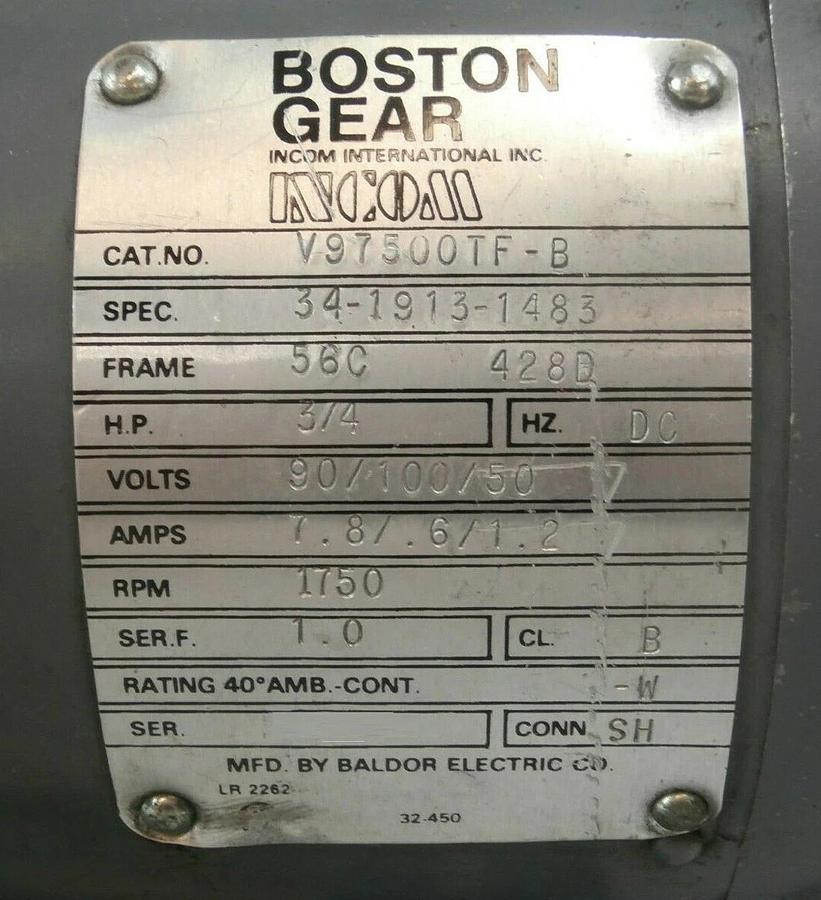 Used Boston Gear V97500TF-B Direct Current Motor 34-1913-1483 Working Surplus