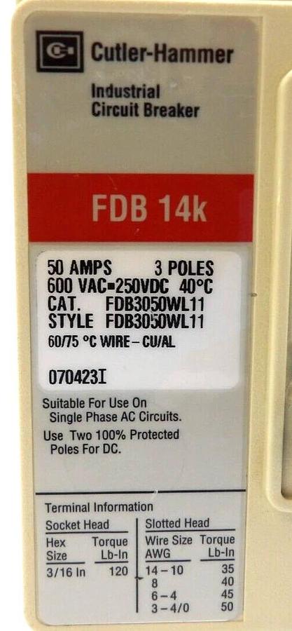 Used Cutler-Hammer FDB3050WL11 3-Pole Circuit Breaker FDB 14k Lot of 4 Working Spare