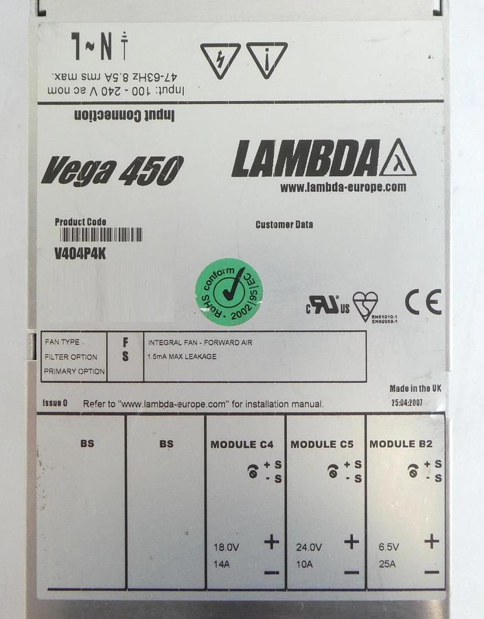 Used Lambda V404P4K Modular Power Supply Assembly Vega 450 Working Surplus