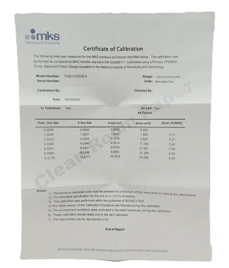 MKS Instruments 722B11TCD2FA Baratron Pressure Transducer New Surplus