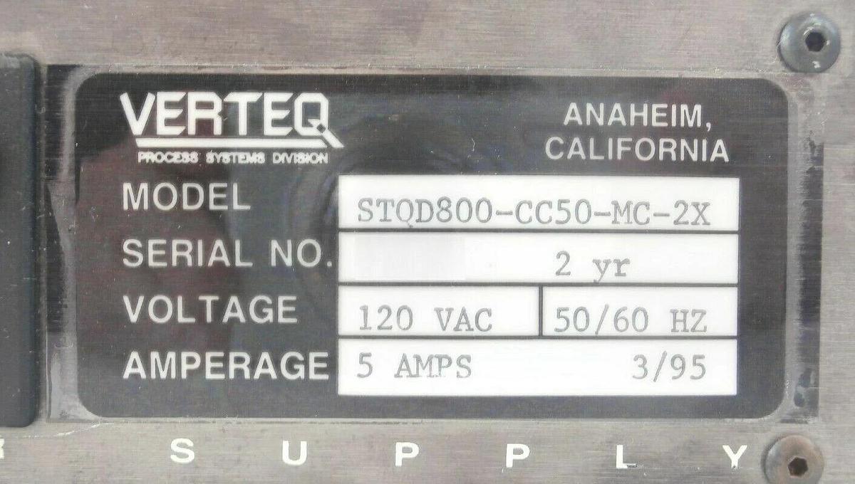 Used Verteq Process Systems STQD800-CC50-MC-2X Power Supply Working Surplus