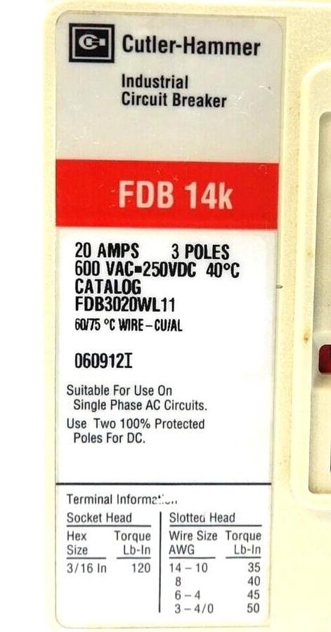Used Cutler-Hammer FDB3020WL11 Circuit Breaker
