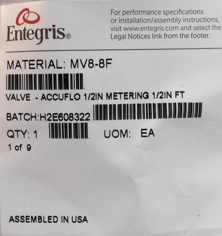 Entegris MV8-8F Accuflo 1/2" Needle Valve Lot of 6 New