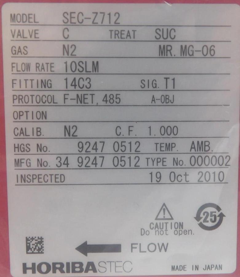 Horiba STEC SEC-Z712 Mass Flow Controller MFC 10SLM N2 New