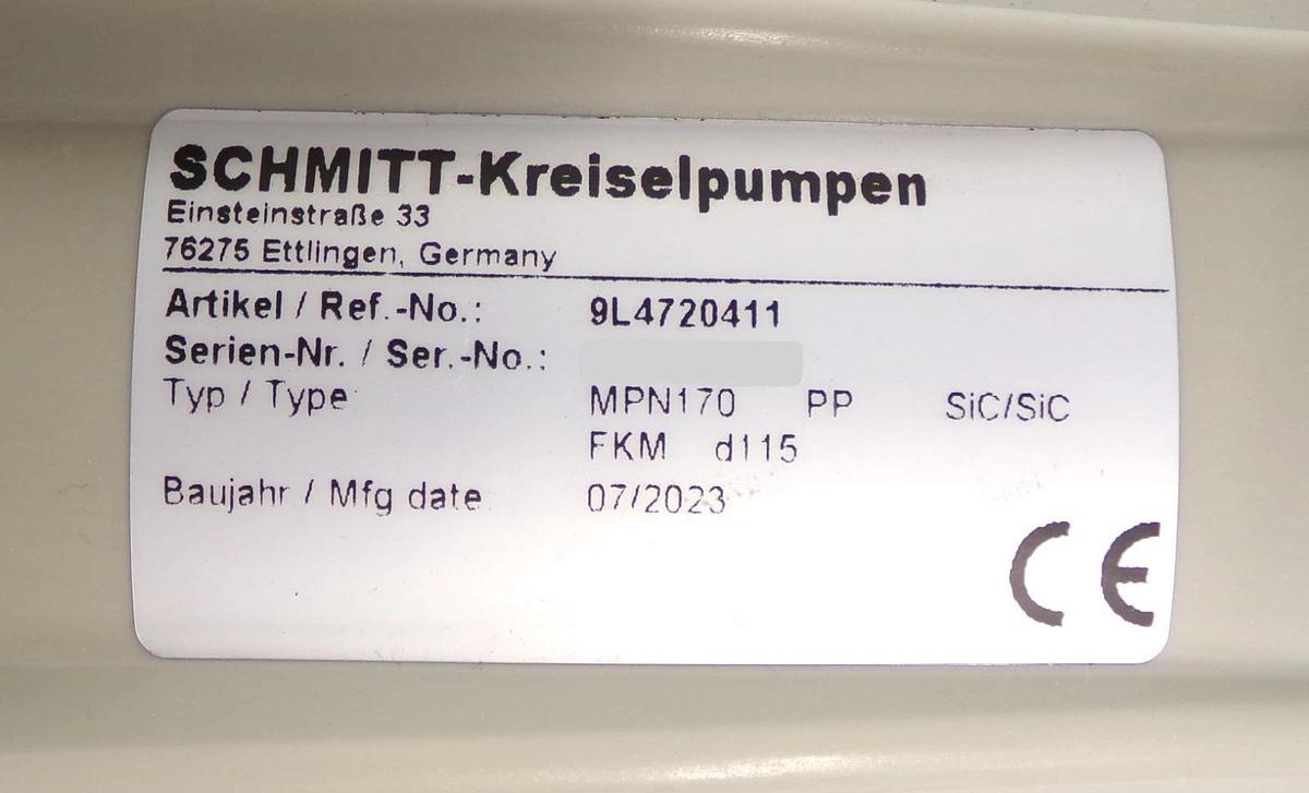 Schmitt-Kreiselpumpen 9L4720411 Pump MPN170 PP SiC/SiC FKM d115 WEG W21 AMAT New