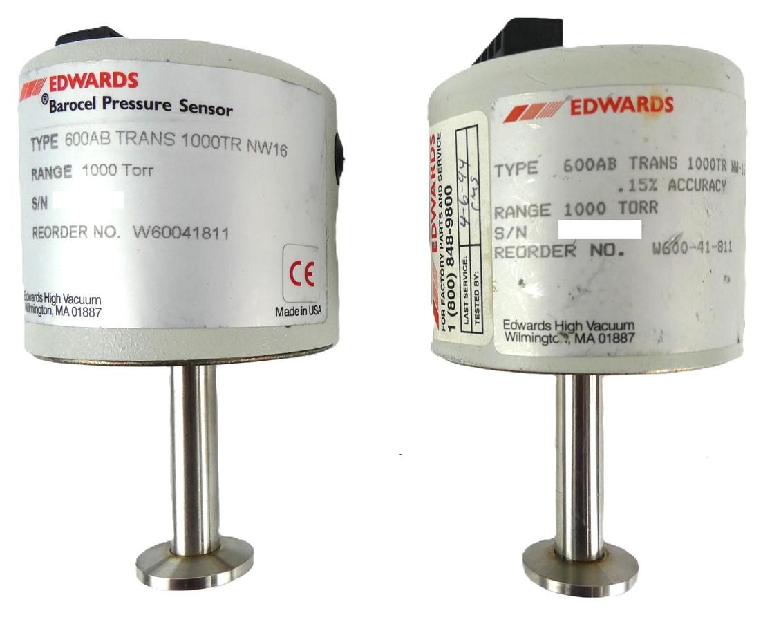 Used Edwards W60041811 Barocel Pressure Sensor 1000 Torr NW16 Lot of 2 Working