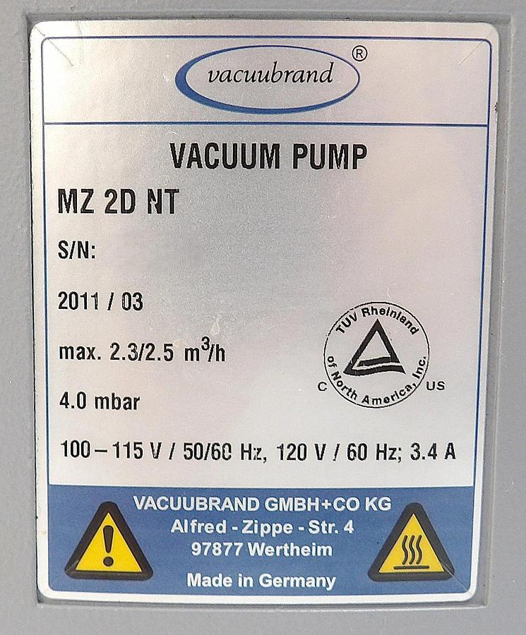 Used Vacuubrand MZ-2D-NT Diaphragm Vacuum Pump Working Surplus