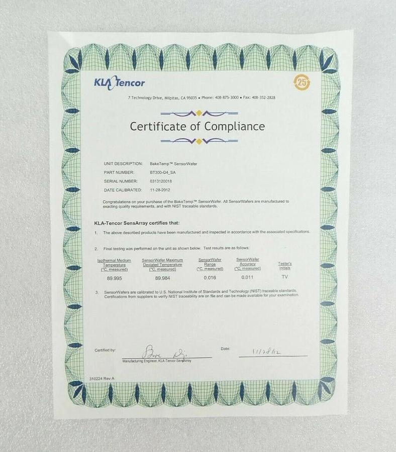 KLA-Tencor BT300-G4_SA 300mm Wafer BakeTemp SensorWafer New Surplus