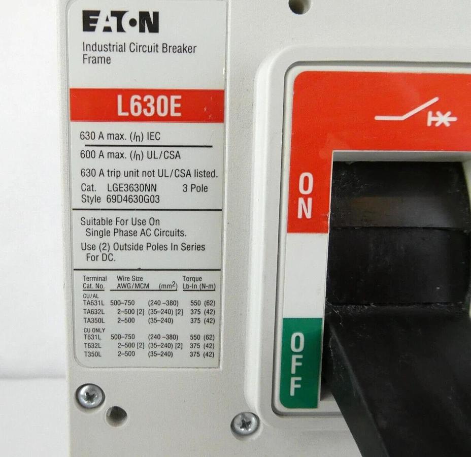 Used Eaton LGE3630NN 3 Pole Industrial Circuit Breaker L630E ELLBN3400W Working