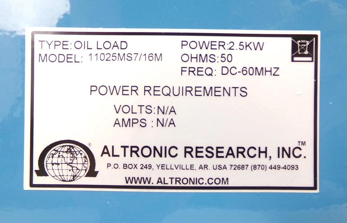 Altronic Research 11025MS7/16M Oil Cooled 2.5kW RF Load 11025 Dented New