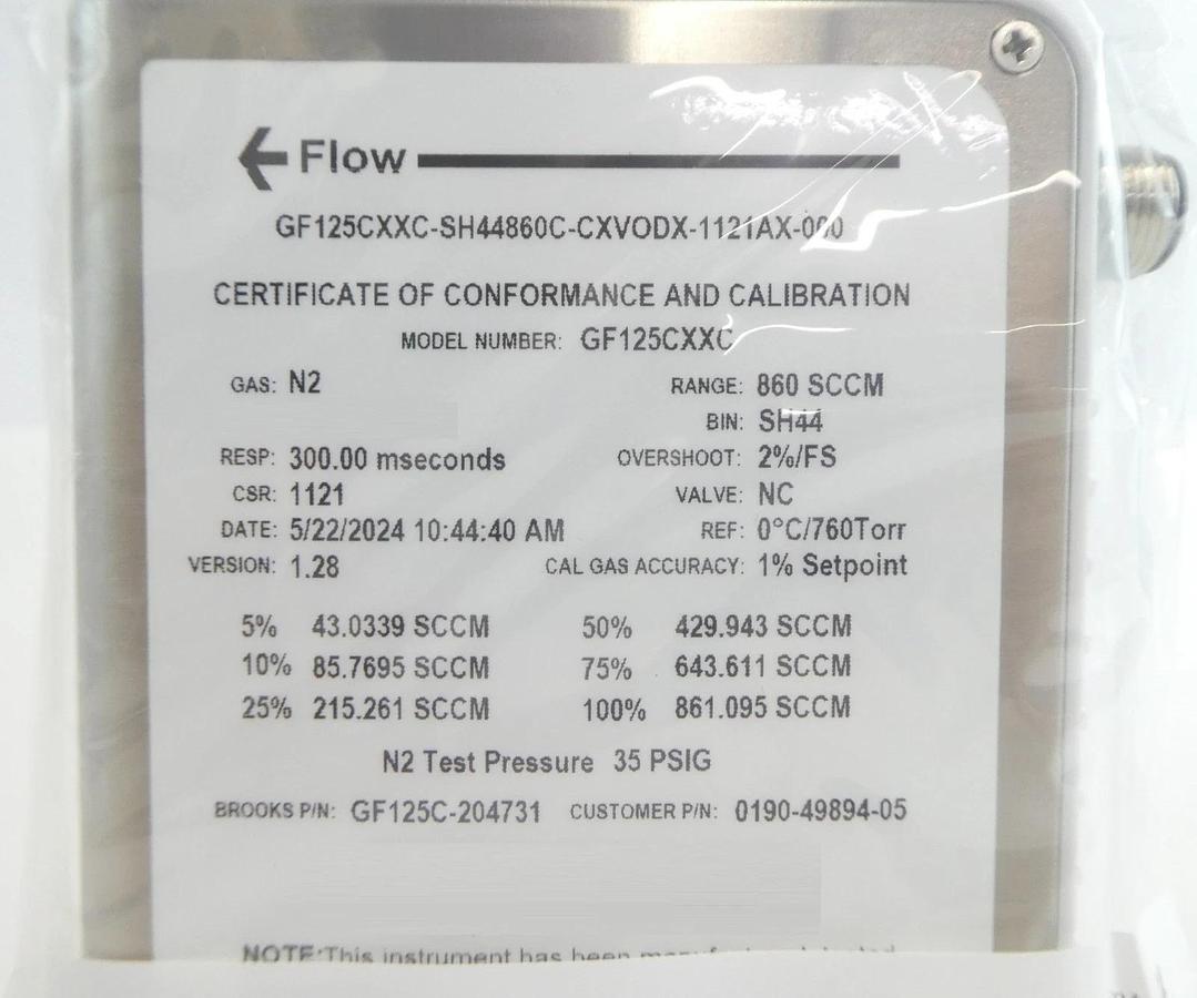 Brooks Instrument GF125C-204731 Mass Flow Controller MFC 860 SCCM N2 New