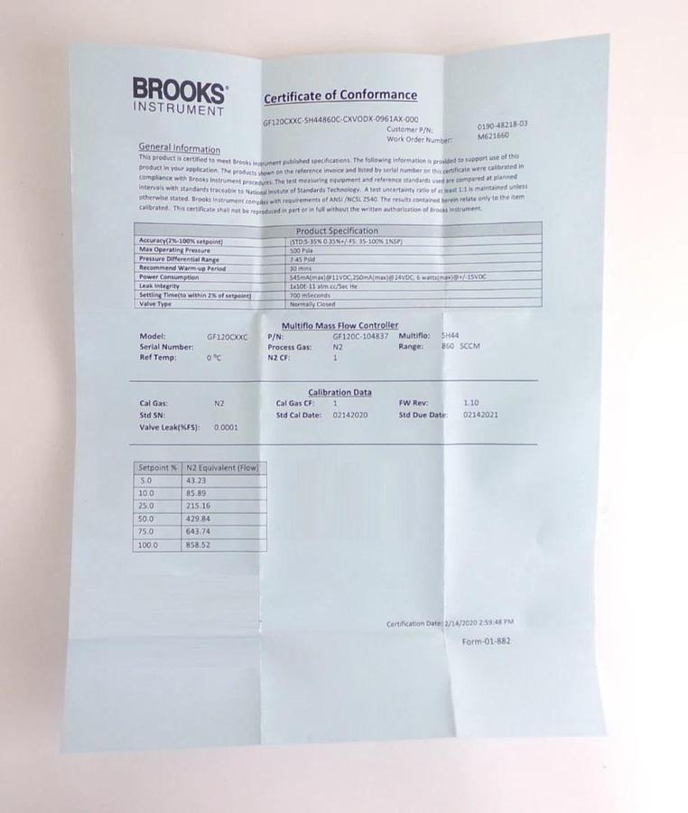 Brooks GF120C-104837 Mass Flow Controller MFC AMAT 0190-48218 Lot of 10 New