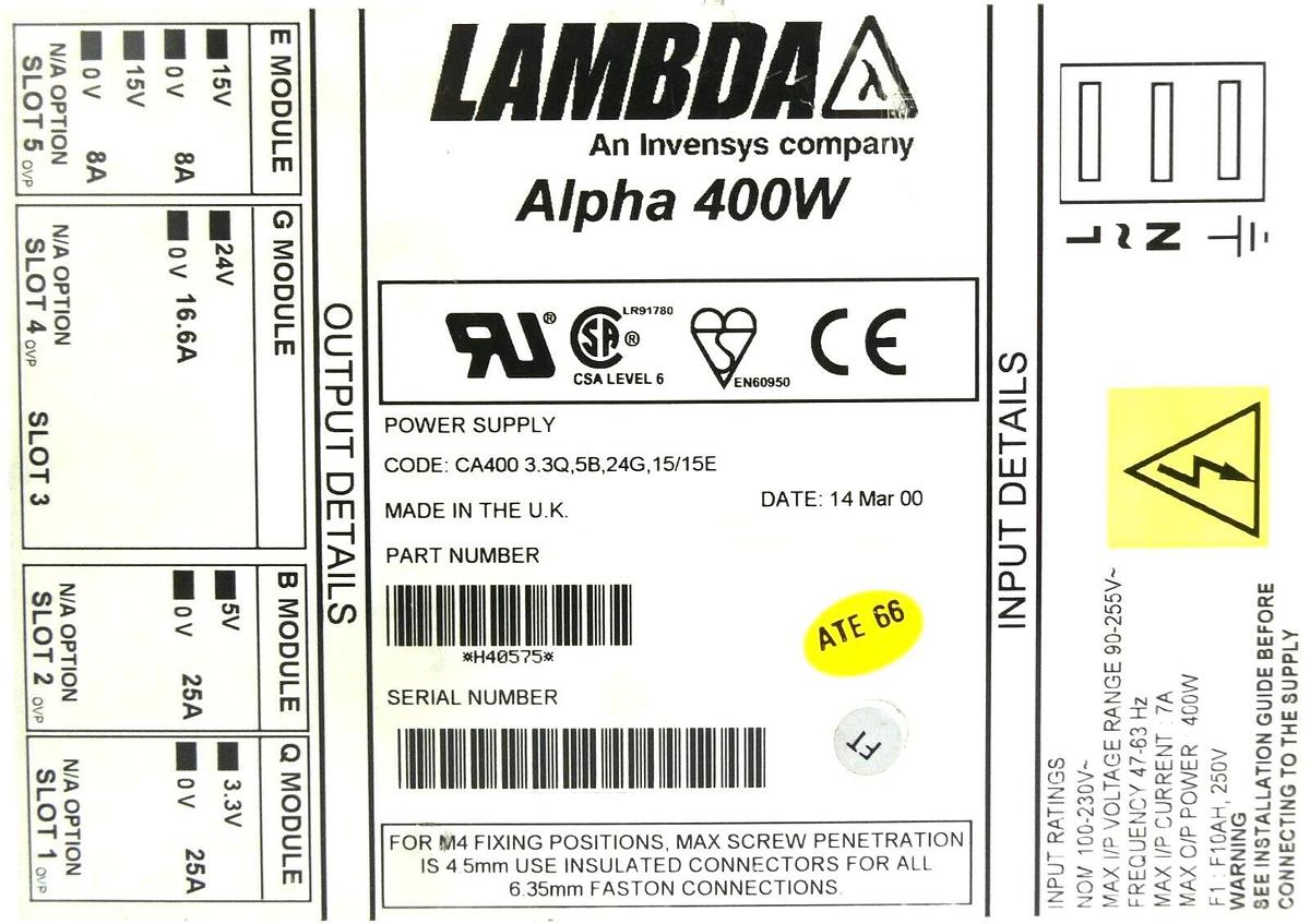 Used Lambda H40575 Power Supply Alpha 400W CA400 3.3Q,5B,24G,15/15E Working Surplus