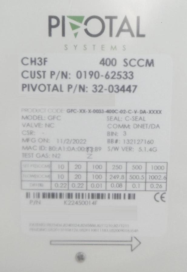 Pivotal Systems 32-03447 Mass Flow Controller MFC AMAT 0190-62533 New