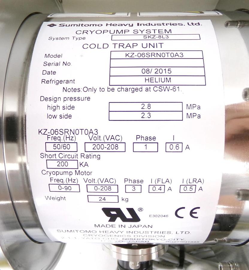 Used Sumitomo KZ-06SRN0T0A3 Cryopump System Cold Trap SICERA KZ Cu Working Surplus