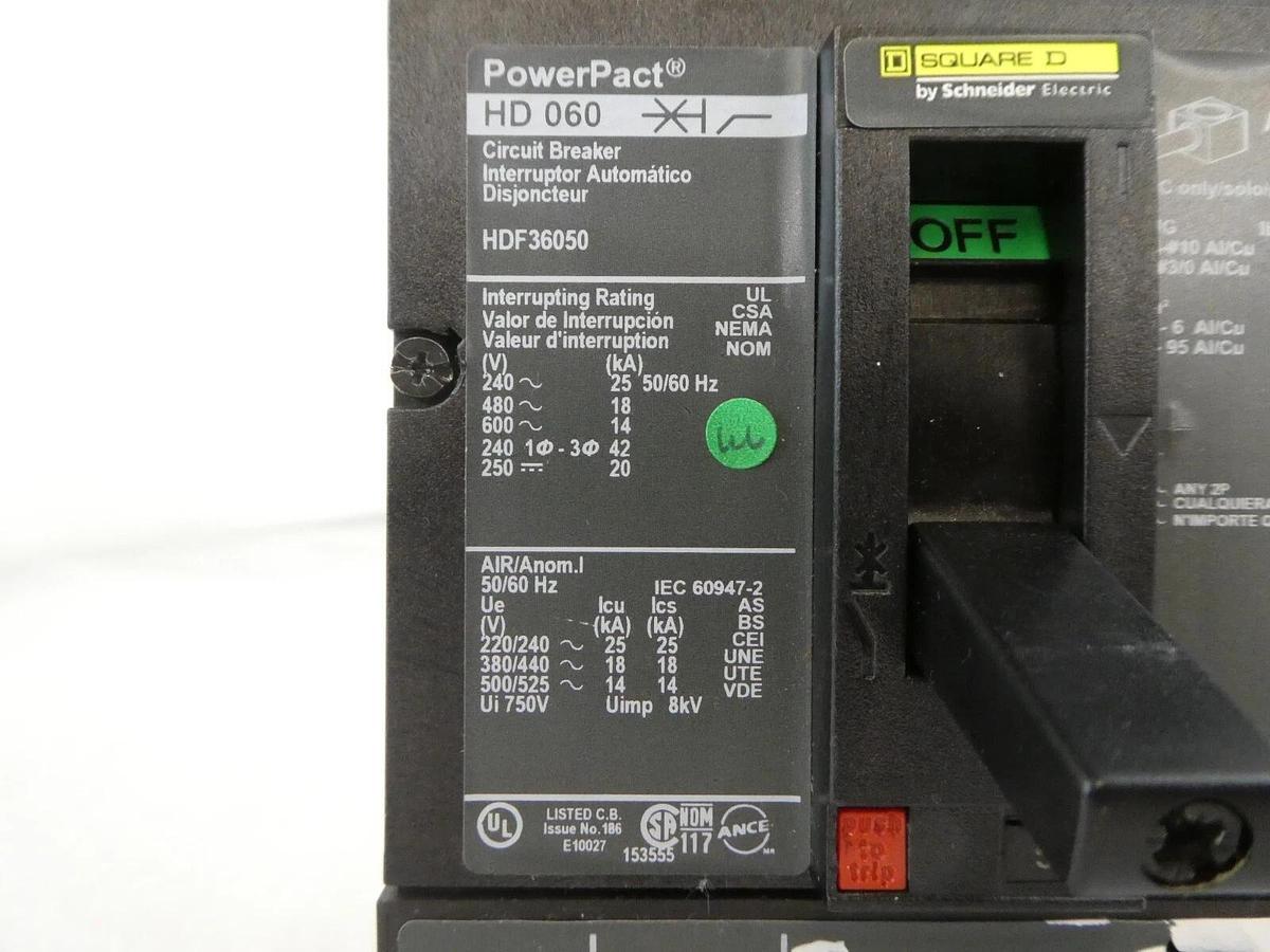 Used Square D HDF36050 Circuit Breaker Interrupter PowerPact HD 060 Working Surplus
