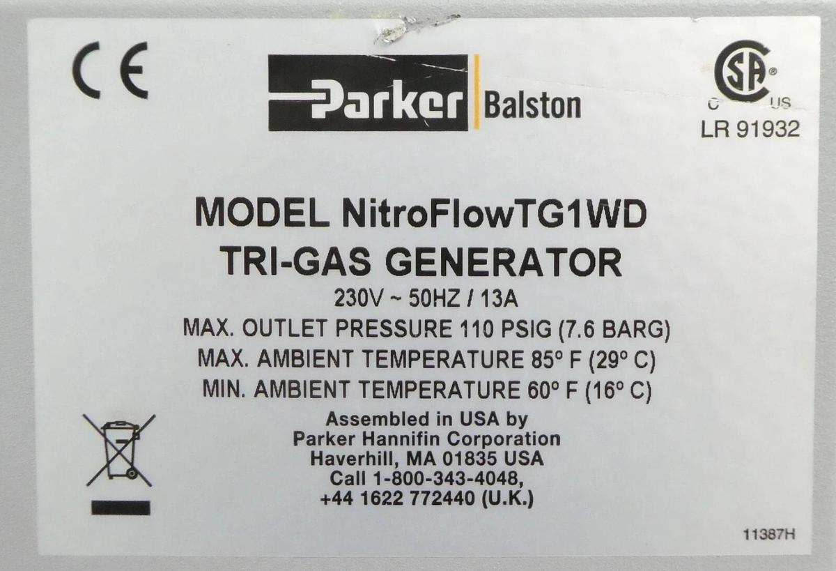 Used Parker SF130952PHP Tri-Gas Nitrogen Generator NitroFlowTG1WD Untested Surplus